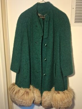Vintage Green Fur Trim Wool-Blend Coat